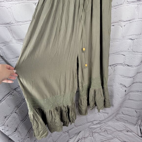 Davi and Dani Wide Leg Maxi Illusion Crop Jumpsuit Olive Green Boho Festival - Picture 2 of 9